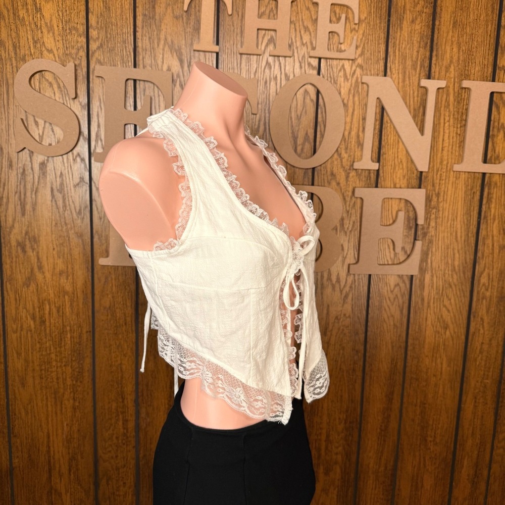 Y2K Cream Lace Trim Tie Front Vest Top Women M Coquette Fairycore Boho Ethereal - Picture 5 of 8